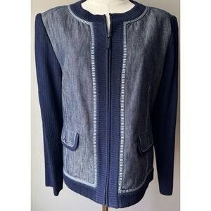 St John Sport Jacket L Denim Knit Blue Zip Pockets Trim